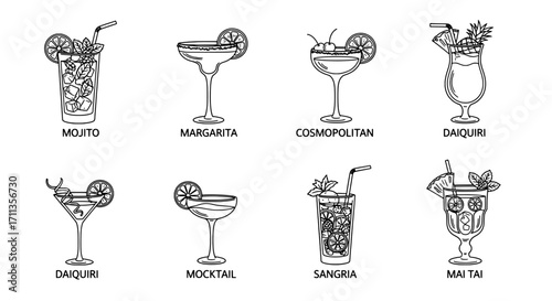 Cocktail Sketches Line Art Collection of Popular Drinks