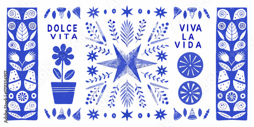 Vibrant blue and white folk art pattern with dolce vita and viva la vida text
