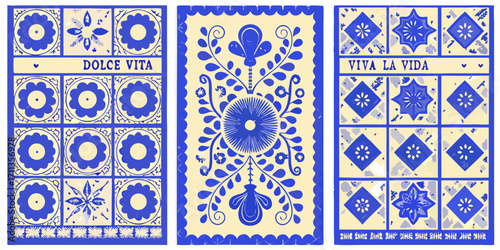 Vibrant blue and yellow folk art triptych with floral motifs and inspiring sayings
