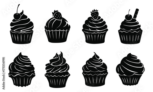 cupcake set collection pack bundle black shape icon silhouette vector flat illustration design on white background