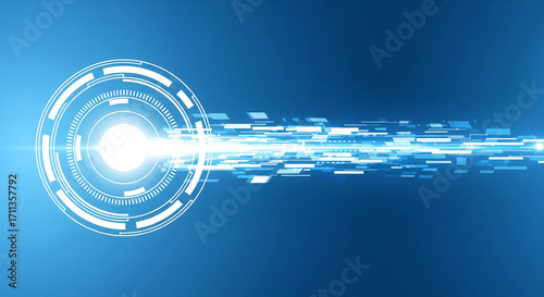 A futuristic circular HUD element emits a high-speed stream of blue data particles, a perfect abstract for technology, data transfer, and digital concepts