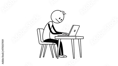 Simple stick figure character diligently focused on work, typing on a laptop at a small desk, illustrating concentration and productivity in a minimalist design