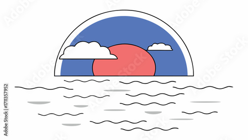 Sunset over ocean with red sun, blue sky, clouds and calm waves in minimal line art style