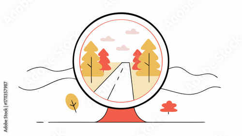 Round traffic mirror reflects autumn road with colorful trees and cloudy sky