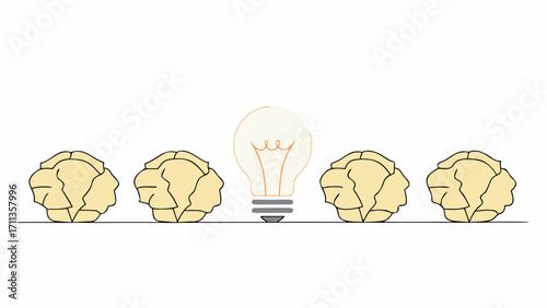 Row of crumpled paper balls with one glowing light bulb symbolizing creativity and innovation