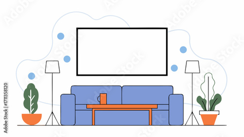 Simple and elegant living room with grey walls, blue sofa, and cozy modern decor