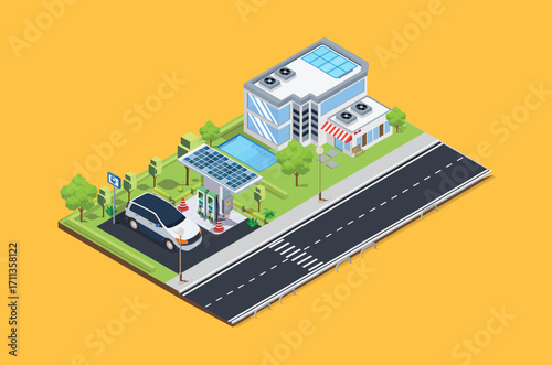 isometric roadside electric car charging station next to the house, easy to access from the main road, Suitable for Infographics and Book Picture Illustration