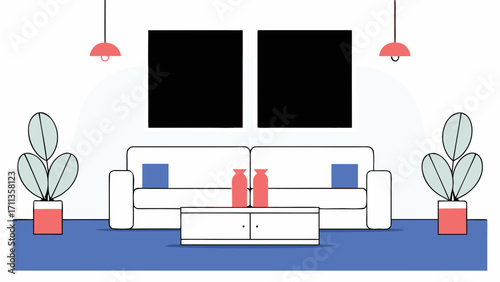 Simple and elegant living room with white sofa, red decor, blue carpet, and indoor plants