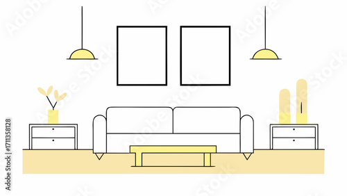 Simple and elegant living room with two large frames, cozy sofa, and soft yellow accents