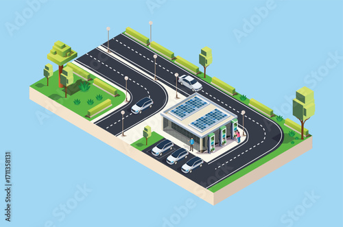 Isometric Charging electric cars at toll road rest area with fast supercharger stations and many charging points. Vehicles at renewable solar panel energy battery storage station on grid network.