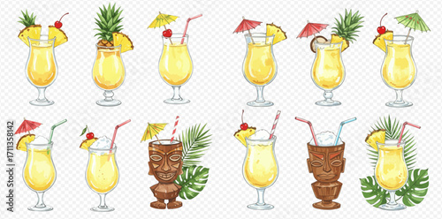 A watercolor illustration set of tropical Piña Colada cocktails in various glasses and tiki mugs, garnished with pineapple, cherries, and umbrellas.