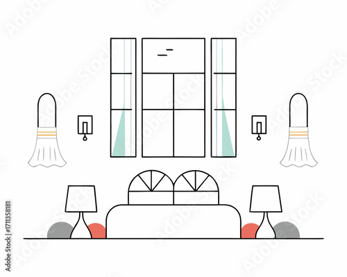 Minimalist bedroom interior with bed, lamps, window, curtains, and wall lights in soft pastel tones
