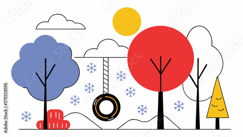 Snow covered park with trees, swing hanging from branch, and snowflakes falling playfully