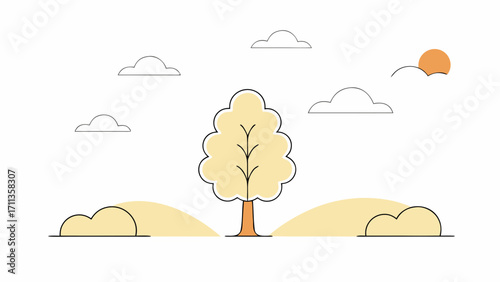 Vibrant yellow tree stands tall in center of rolling hills under sunny sky