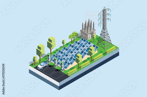 Isometric charging station for super fast electric vehicles using solar panels and lots of charging points., Suitable for Diagrams, Infographics, And Other Graphic asset
