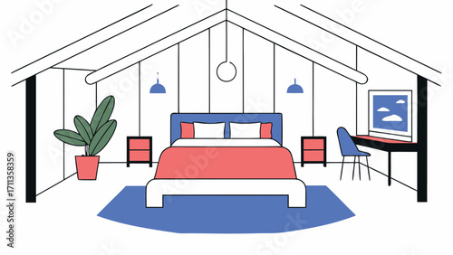 Modern attic bedroom with wood beams, cozy bed, indoor plant, and workspace under sloped ceiling