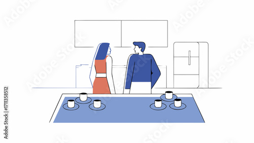 Man and woman talk in modern kitchen with coffee cups on counter, creating calm and cozy atmosphere