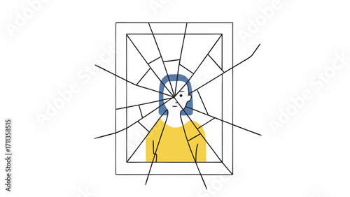 Woman behind broken glass with solemn expression, reflecting emotional fragility and inner turmoil