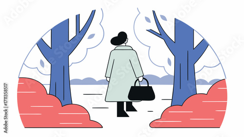 Woman in light coat walks through winter park with bare trees and red bushes, evoking calm mood
