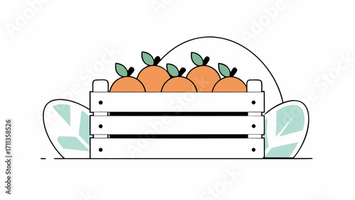 Wooden crate filled with fresh oranges and green leaves, isolated on transparency background