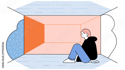 Sad young boy in dark hoodie and jeans sits alone in small room with abstract walls and somber atmosphere