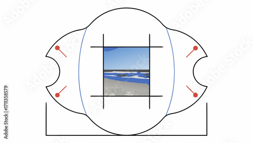 Beach and ocean top view with abstract frame design, isolated on transparency background