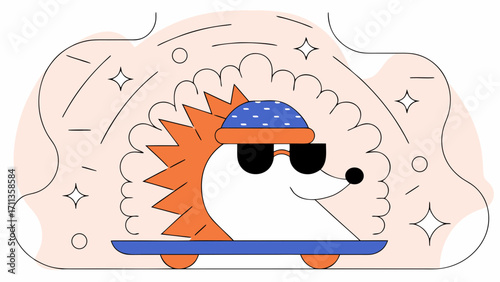 Cool bearded hedgehog wearing beanie and sunglasses riding skateboard with confident smile