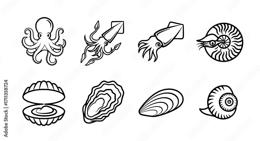 Naklejka premium Vector Set of Sea Creatures Octopus, Squid, Shellfish, and More