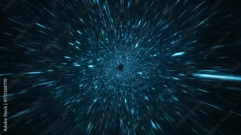 Seamlessly looping video depicting a futuristic hyperspace warp tunnel with streaks of bright cyan light motion, fast, space