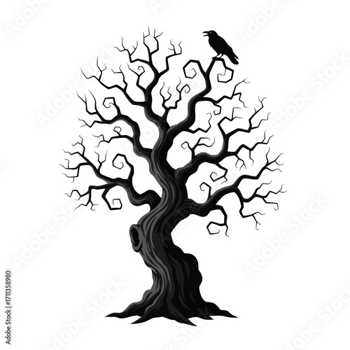 A spooky black gnarled tree with twisted curly branches and a perched raven silhouette.