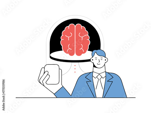 Businessman holding smartphone with virtual brain icon, symbolizing innovation and artificial intelligence