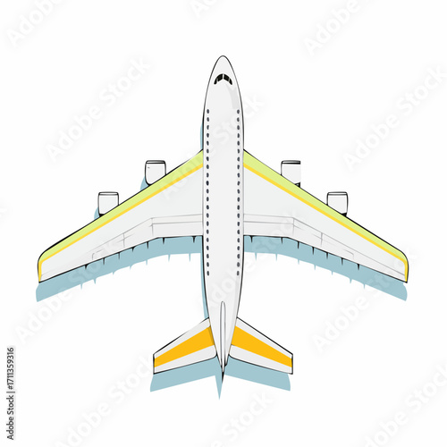 Dynamic top-down illustration of a commercial airliner, symbolizing flight, adventure, and efficient long-distance journeys across the skies, isolated on a white background