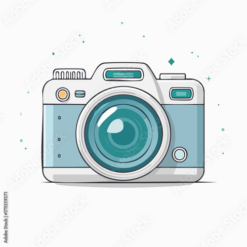 A charming retro-inspired camera illustration in a pastel blue color palette, symbolizing the creative hobby of photography