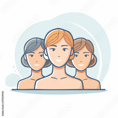 An illustration depicting three women standing together, symbolizing unity, sisterhood,and female empowerment within a supportive community setting. 