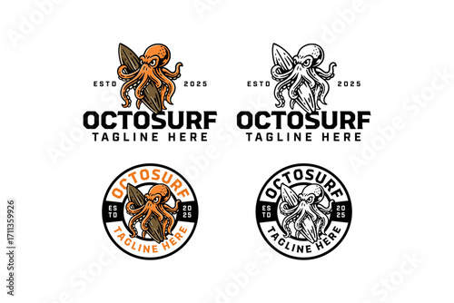Octopus with surfboard mascot retro badge logo vector design set for surfing sport. Cephalopod surfing vintage emblem logo graphic pack. Squid holding surfboard illustration label element design