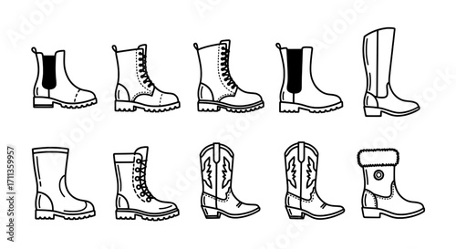 Variety of Footwear Boots Collection Line Art Vector