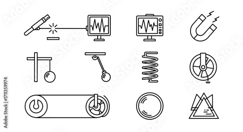 Physics Line Icons Magnetism, Oscillations, and Energy Transfer