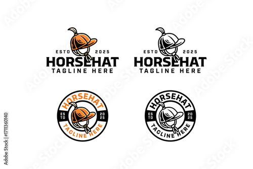 Horse riding helmet retro logo vector design set for adventure and outdoor sport. Equestrian hat vintage badge logo graphic collections. Stallion riding headgear illustration element design