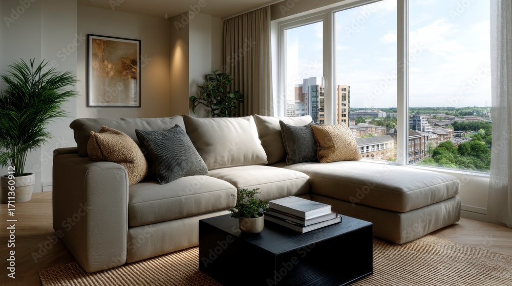 Fototapeta premium Cozy living room setup urban apartment interior design bright atmosphere modern view tranquil space for relaxation