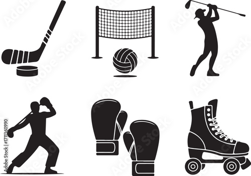 Action sports icons: golf, hockey, boxing, volleyball, skating