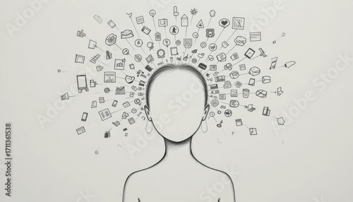 A minimalist drawing of a person's body with their head as a blank space, from which numerous small, detailed sketches of worries and distractions are scattering outwards across a pristine white surfa