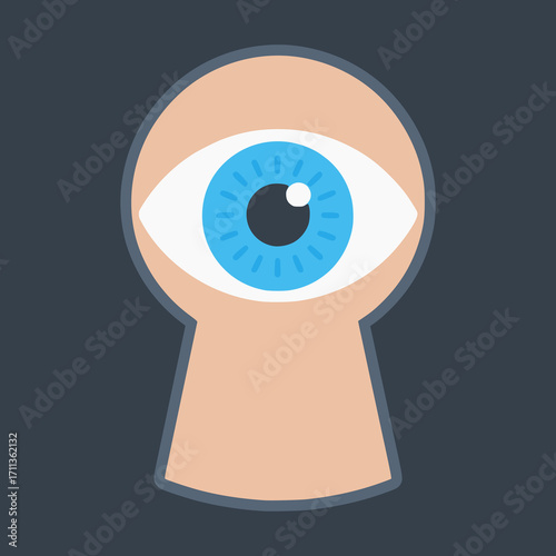 Eye spying through the key hole peeping flat color vector illustration template design