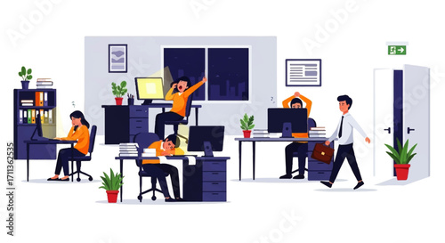 Office scene with workers at desks, one leaving, and one asleep.