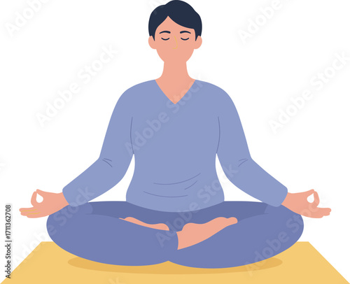 Flat Illustration Woman Practicing Meditation in Lotus Position on Yoga Mat