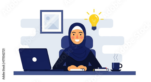 Illustration of a woman in hijab at a desk with a laptop and coffee, with a lightbulb above her head.