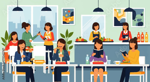 Illustration of women in a cafe, some eating, reading, and working, with staff behind the counter.