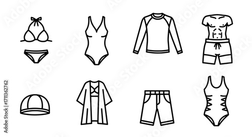 Collection of Swimwear Line Art Icons for Summer Activities