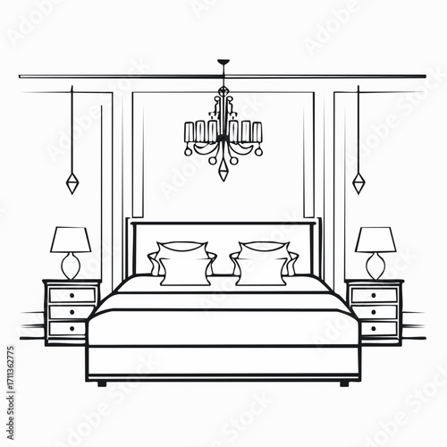 Minimalist vector illustration of modern bedroom with bed and chandelier