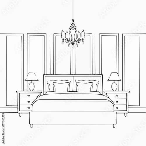 Vector line art of modern bedroom interior with bed, lamps and chandelier