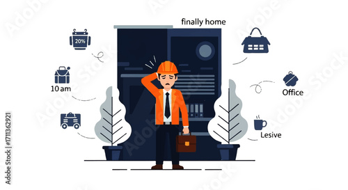 Illustration of a tired worker finally home after a long day at the office.